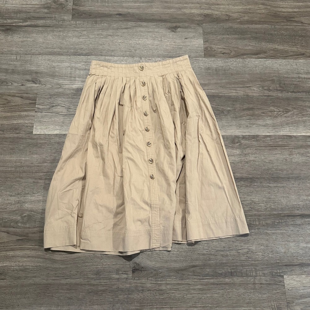 NWT J.Crew Tan Khaki Button Front Pleated Midi Skirt XS Preppy Stretch Cotton